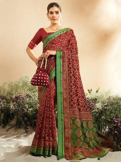 Dazzling Maroon Patola Printed Silk Wedding Wear Saree With Blouse